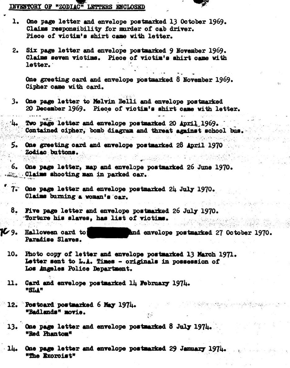A typed FBI inventory headed Inventory of Zodiac Letters Enclosed,
            listing fourteen numbered mailings from 13 October 1969 to
            29 January 1974, each with its postmark date and a one-line
            description of the contents.