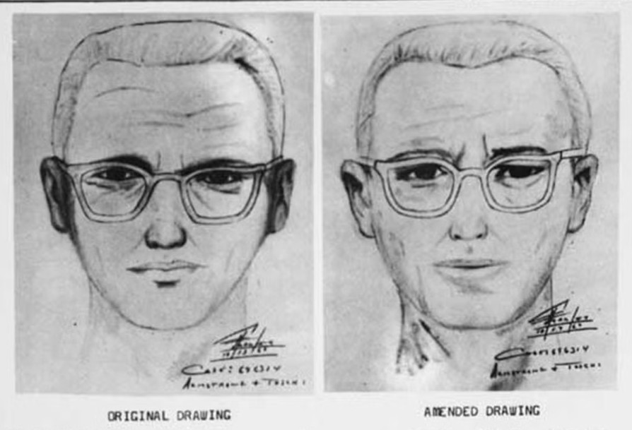 Two pencil composite drawings from the 1969 San Francisco Police
                  Department wanted bulletin, side by side, labelled ORIGINAL
                  DRAWING and AMENDED DRAWING. Both show a heavy-set white man in
                  rectangular glasses with short combed-back hair.
